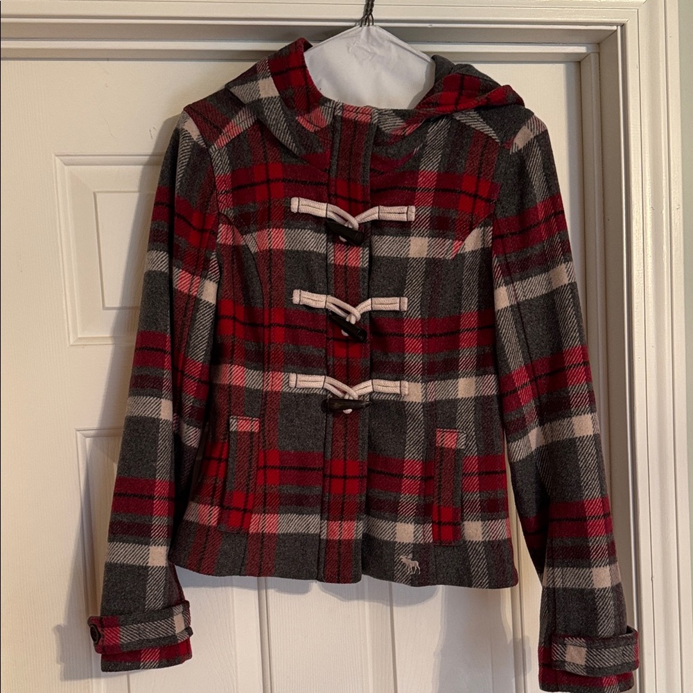 Abercrombie & Fitch Red and Gray Plaid Pea Coat